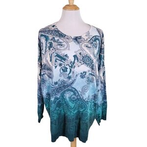Chico's Teal and White Paisley Long Sleeve Sweater Lightweight, Sz XXL- 20